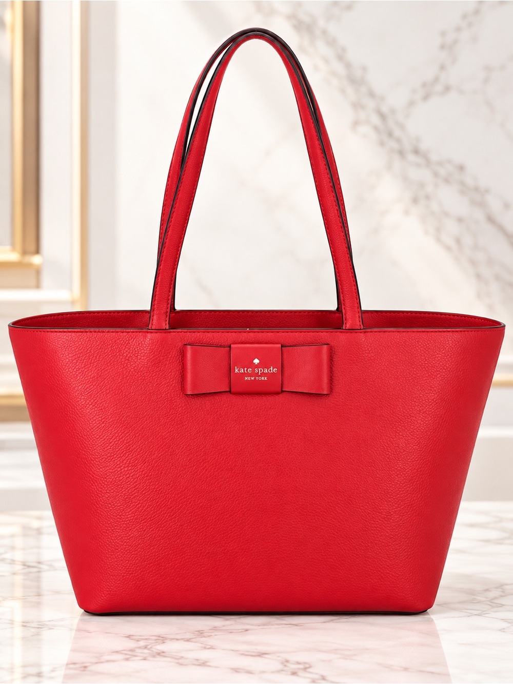 Kate Spade Red Leather Bow Tote Shoulder Bag Zip Top structured tote